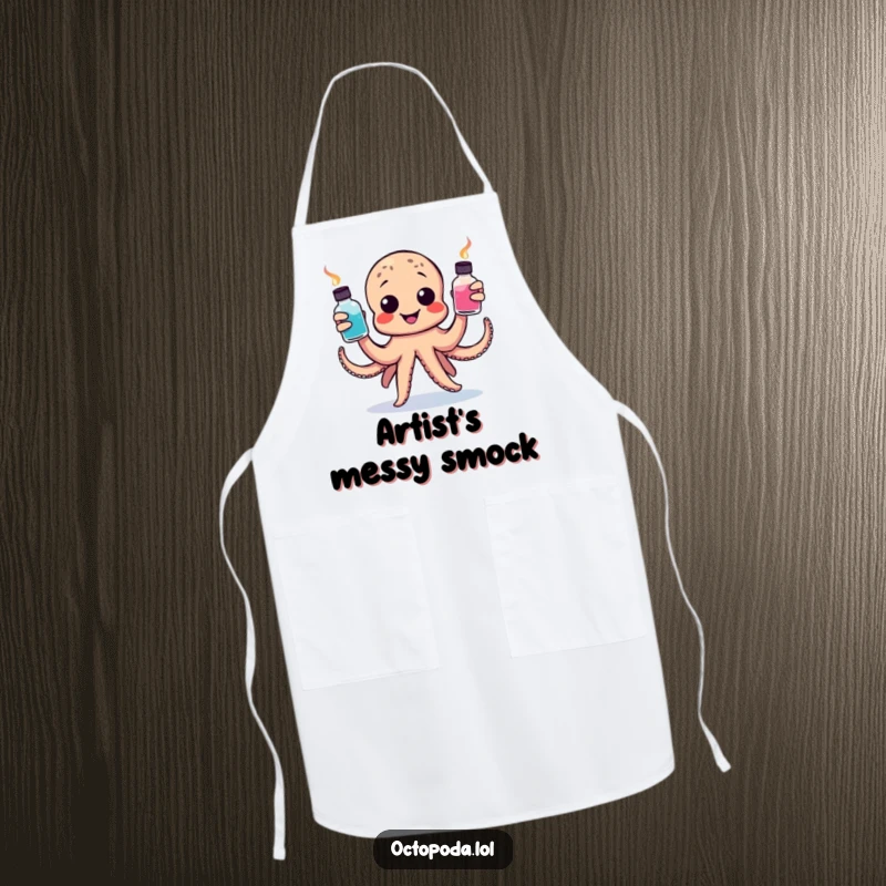 Funny apron with a happy octopus juggling colorful ink bottles, ideal for artists who want to stay clean and inspired.