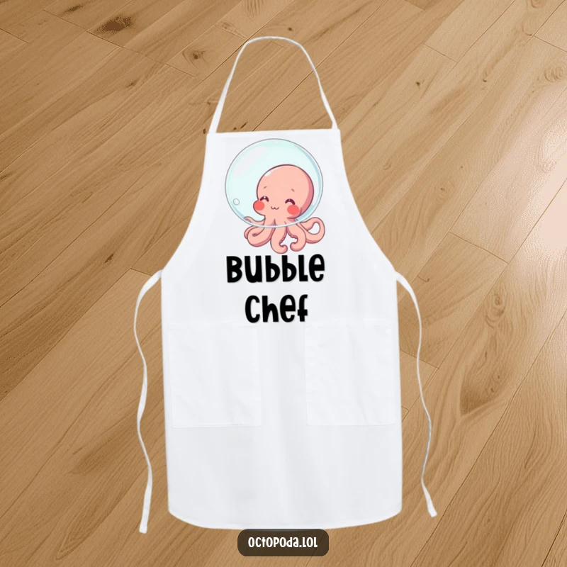 Funny Octopus Apron showing a shy, blushing octopus character peeking out from behind a large bubble, adding humor to kitchen tasks.