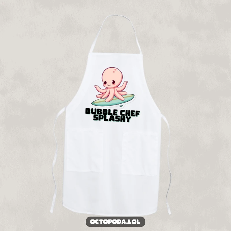 Funny bubble surfing octopus apron, depicting an octopus riding a bubble like a surfboard, bringing playful ocean vibes to cooking.