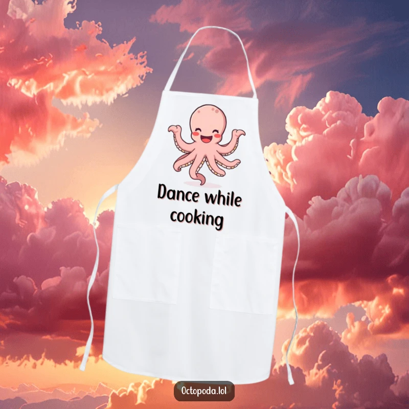 Funny apron featuring a smiling octopus dancing with its arms in a circle, ready to add humor to meal prep.