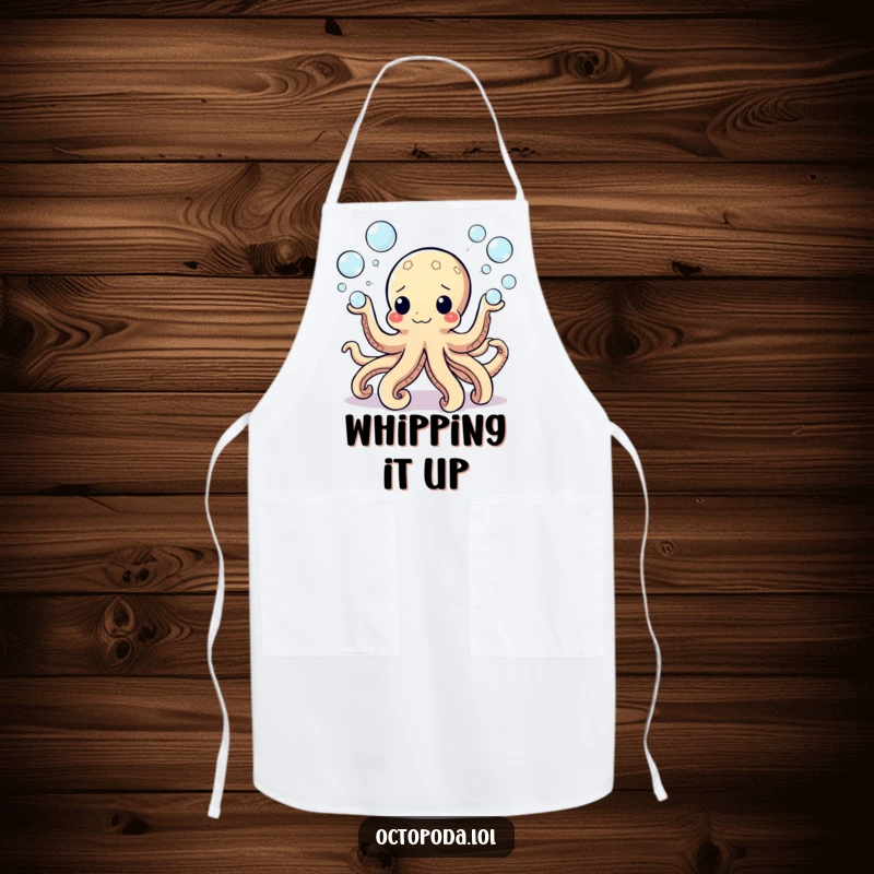 Funny Apron with a bubbly octopus juggling small bubbles, perfect for chefs and home cooks who love marine-themed humor.