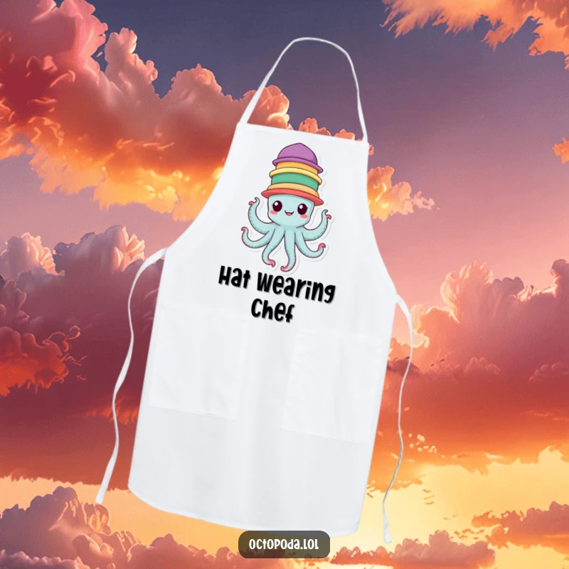 Funny Apron featuring a cheerful octopus character balancing seven colorful hats, perfect for kitchen fun.