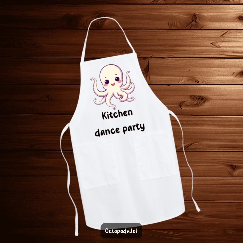 Funny Apron with a dancing octopus, googly eyes, and lively tentacles, great for fun in the kitchen.