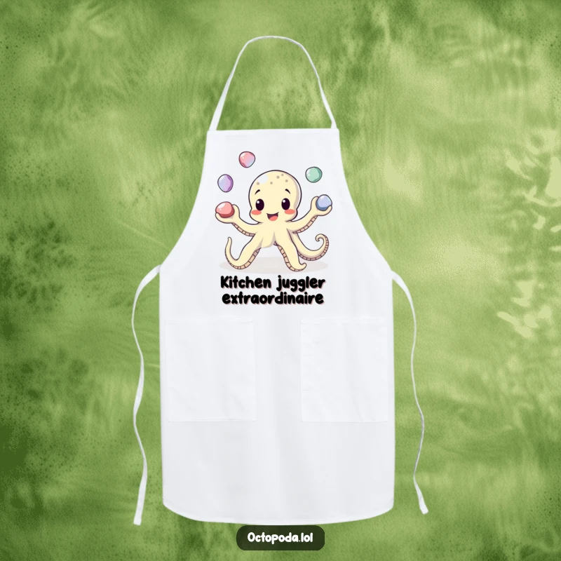 Funny Juggling Octopus Apron: An octopus skillfully juggles pebbles while wearing an apron, ready for kitchen fun.