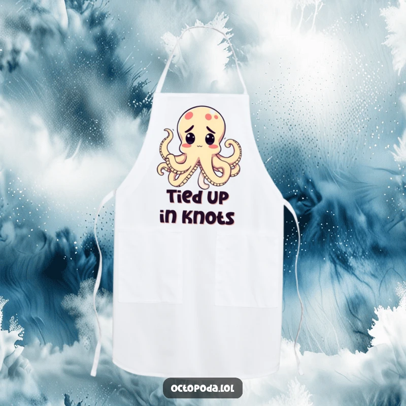 Funny Kawaii Octopus Apron for cooking, showcasing a perplexed cephalopod with tentacles tied in a comical knot, a fun kitchen accessory.