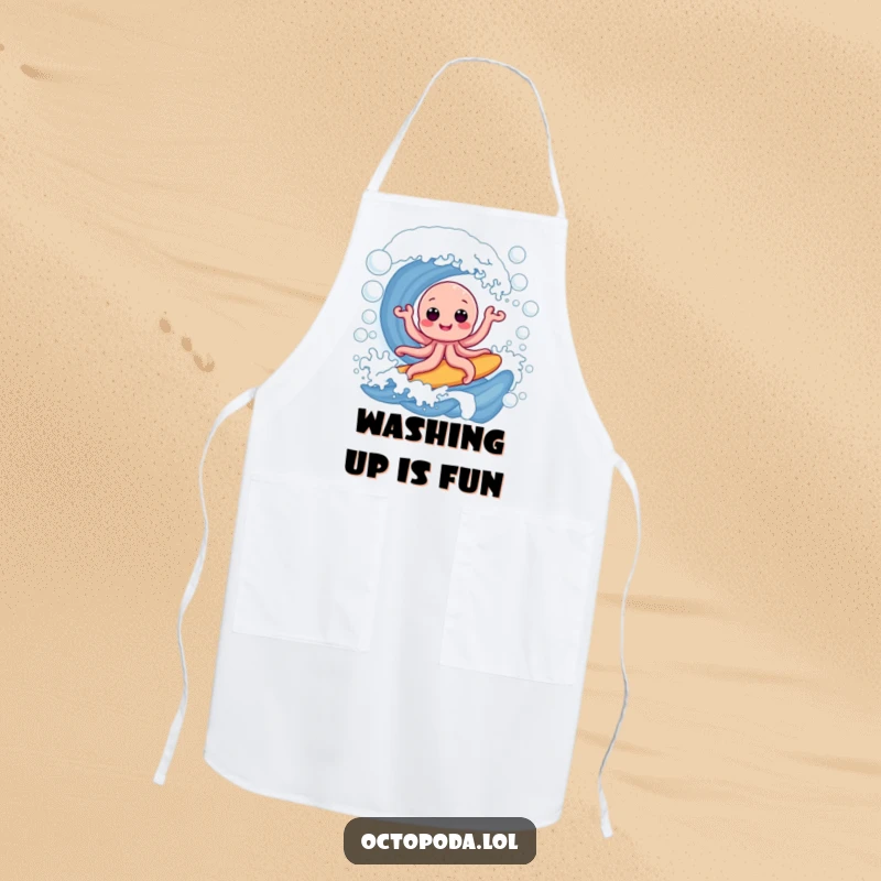 Funny apron: a gleeful octopus surfing a giant wave of iridescent soap bubbles, perfect for keeping clean while having kitchen fun.