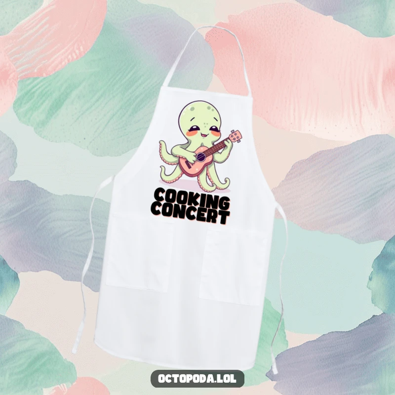 Funny apron featuring a giggling octopus playing a tiny ukulele, designed for the humorous home cook or aspiring musician.