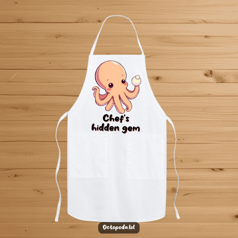 Funny apron with a curious octopus reaching for a shiny pearl, ideal for chefs who love to explore and have fun.