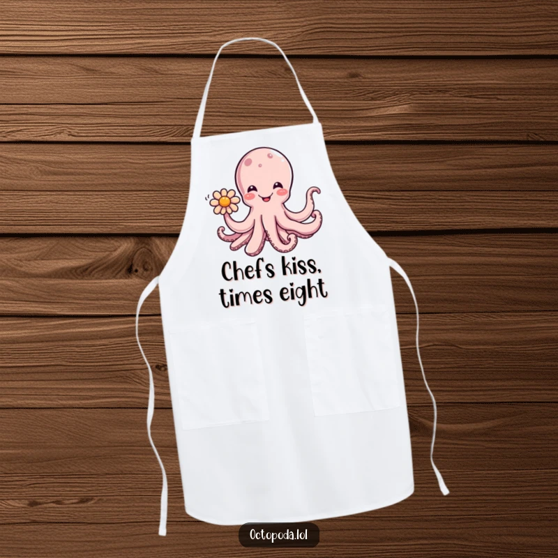 Funny apron showcasing a happy octopus holding a flower with a tentacle, perfect for adding humor to cooking.