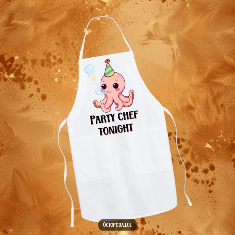 Funny apron with a party octopus blowing a bubble, ideal for chefs who love to celebrate while cooking.