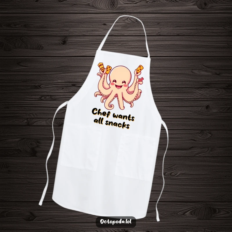 Funny apron showing a grinning octopus with several arms actively grabbing delicious snacks, ready to feast.