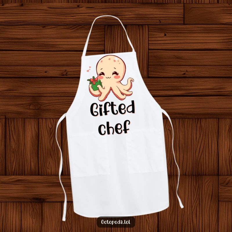 Funny apron featuring a shy blushing octopus offering a gift wrapped in seaweed, adding sweet humor to cooking.
