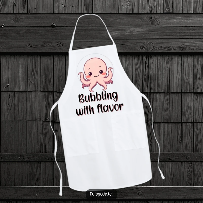 Funny apron depicting a shy octopus hiding behind a large, smiling bubble, adding a touch of gentle humor to cooking.