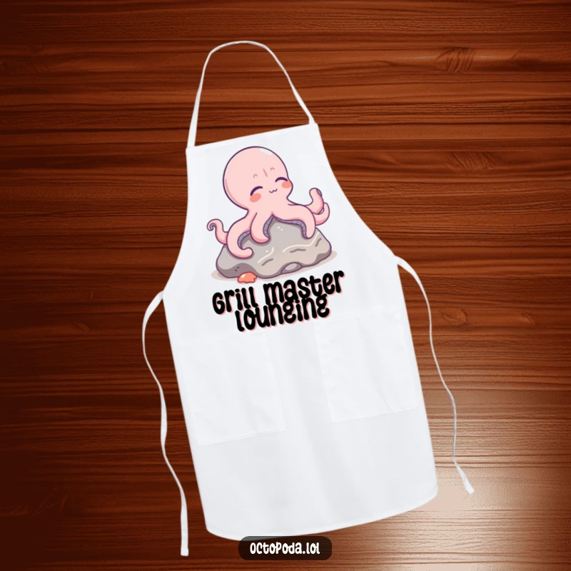 Funny apron showcasing a relaxed octopus character lounging on a rock, bringing a chill vibe to cooking.