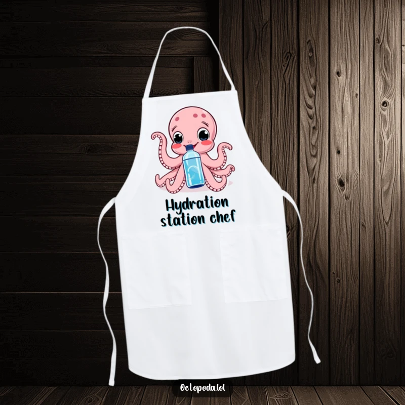 Funny apron with a smiling octopus squeezing a water bottle, ideal for chefs who enjoy a playful and humorous approach.