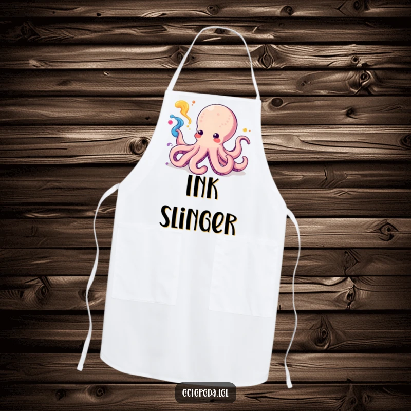 Funny Kawaii Octopus Apron for cooking, playfully squirting ink like a culinary artist, a humorous kitchen accessory.