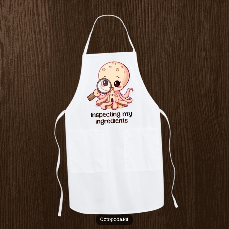 Funny apron featuring a baby octopus using a magnifying glass to inspect ingredients, perfect for a meticulous cook.