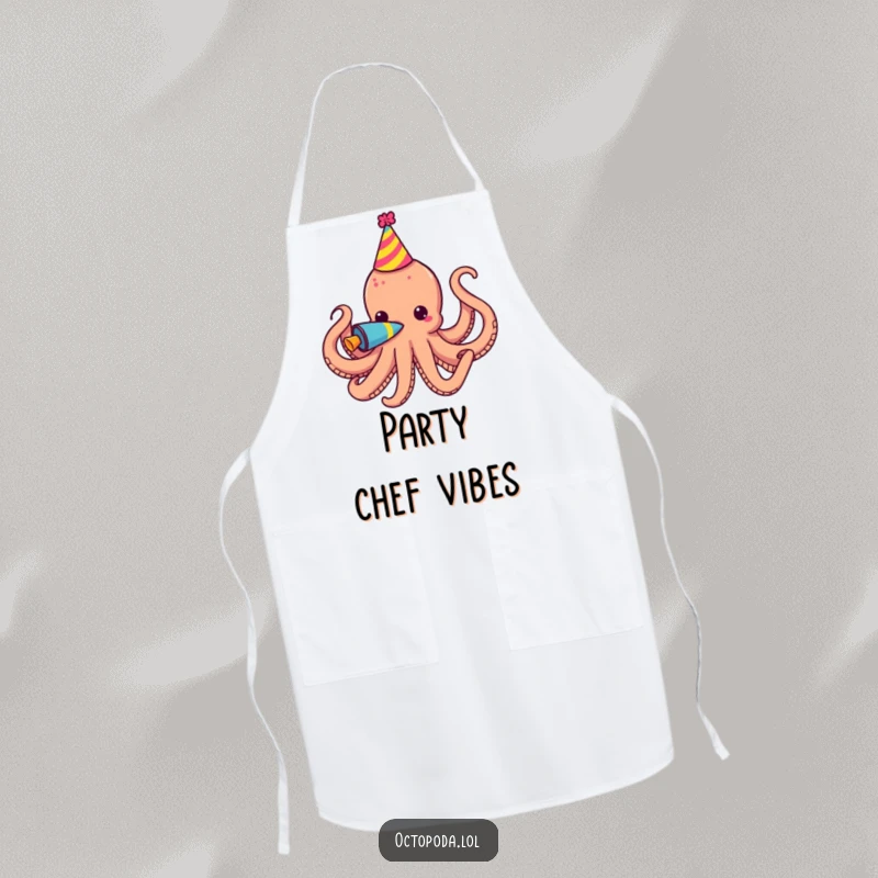 Funny Apron with a party octopus wearing a hat and blowing a horn, ideal for fun cooking and entertaining.