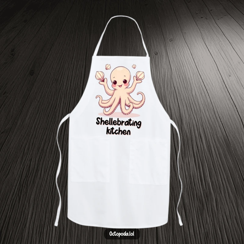 Funny Kawaii Octopus Apron for cooking, showcasing a cephalopod gracefully juggling seashells, a fun and functional kitchen accessory.