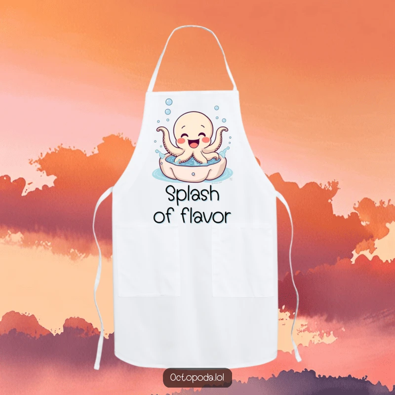 Funny Octopus Apron: An excited octopus character gleefully splashing water in a miniature bubbly pool, ready for kitchen fun.