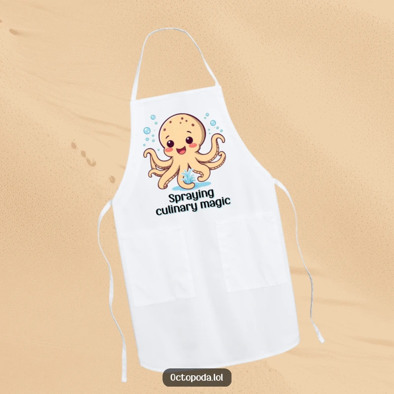 Funny Apron: A happy octopus sprays water like a playful fountain, adding fun to cooking tasks.