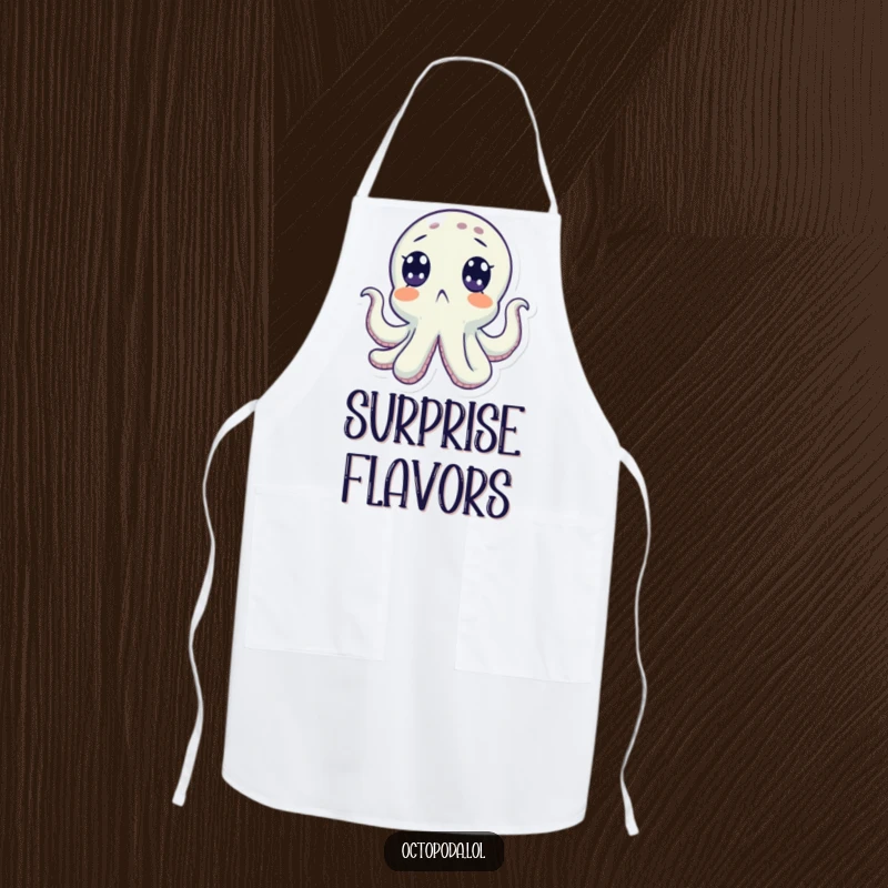 Funny apron with a surprised octopus character with wide eyes looking upwards, perfect for humorous kitchen fun. A great gift.