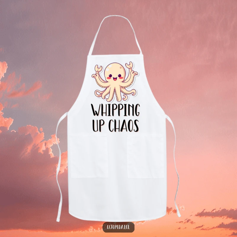 Funny Apron: A kawaii octopus energetically waving all eight arms, a humorous apron for kitchen adventures.