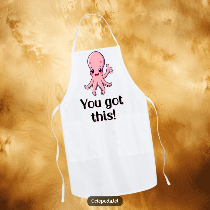Funny octopus apron featuring a supportive tentacle giving a thumbs up, perfect for the encouraging home cook.
