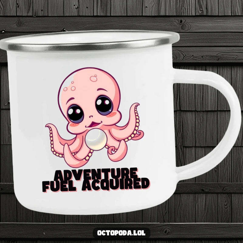 Funny camping mug featuring an excited octopus with large eyes chasing after a precious, shiny pearl in the wild.