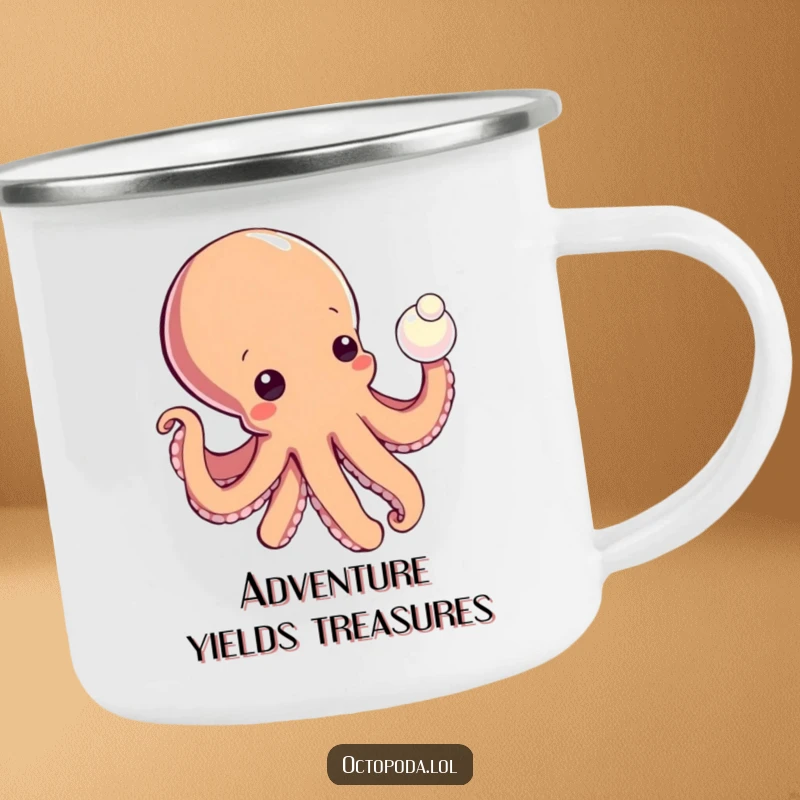 Funny camping mug with a curious octopus reaching for a shiny pearl, perfect for outdoor adventures and sparking wonder.