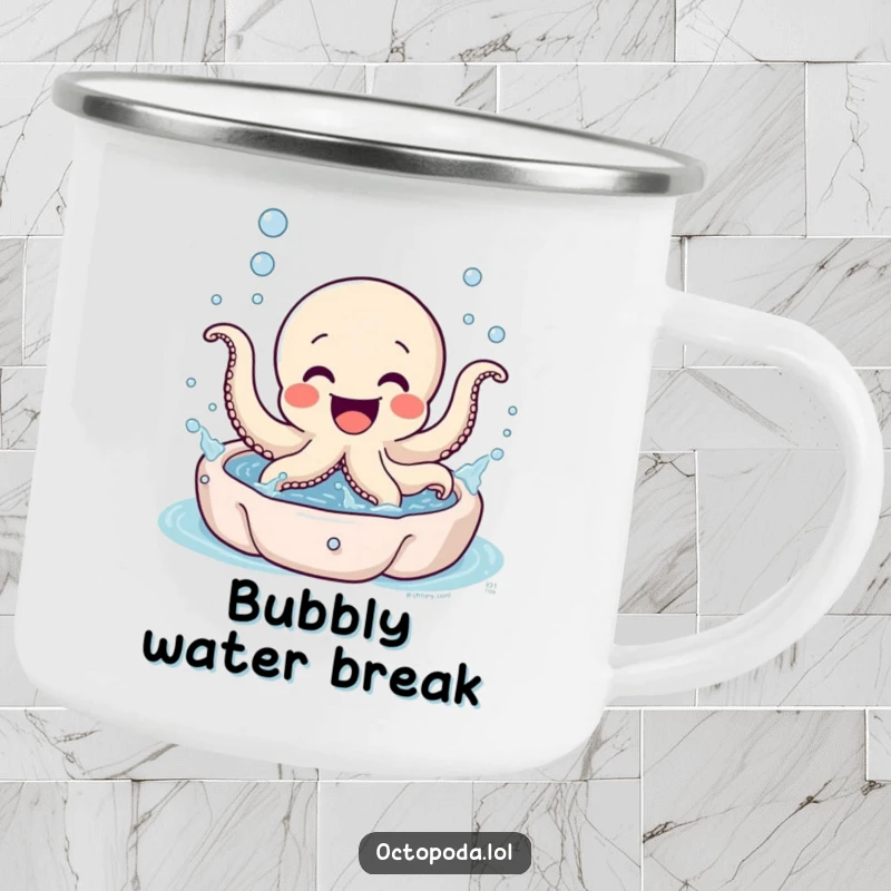 Funny Octopus Camping Mug: An excited octopus character gleefully splashing in a miniature bubbly pool on an enamel mug.