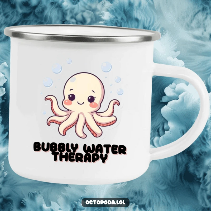 Funny octopus camping mug with a small, happy octopus swimming in a bubbly circle, perfect for outdoor enthusiasts.