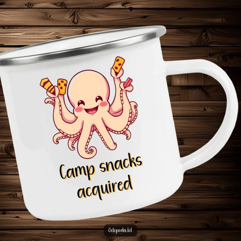Funny camping mug depicting a grinning octopus with many arms reaching for delicious snacks, perfect for outdoor munching.