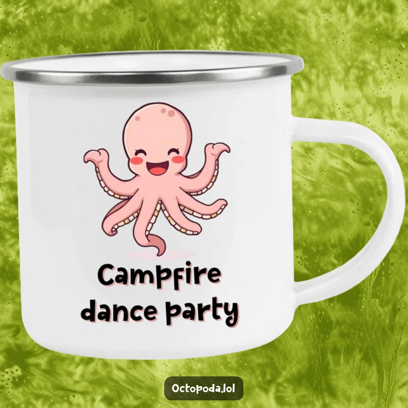 Funny camping mug showing a smiling octopus dancing with its arms in a circle, ideal for enjoying drinks outdoors.