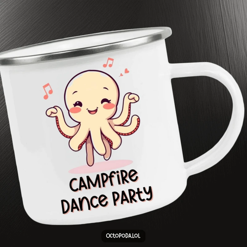 Funny Dancing Octopus Camping Mug: A smiling octopus joyfully dancing with musical notes, perfect for your outdoor adventures and drinks.