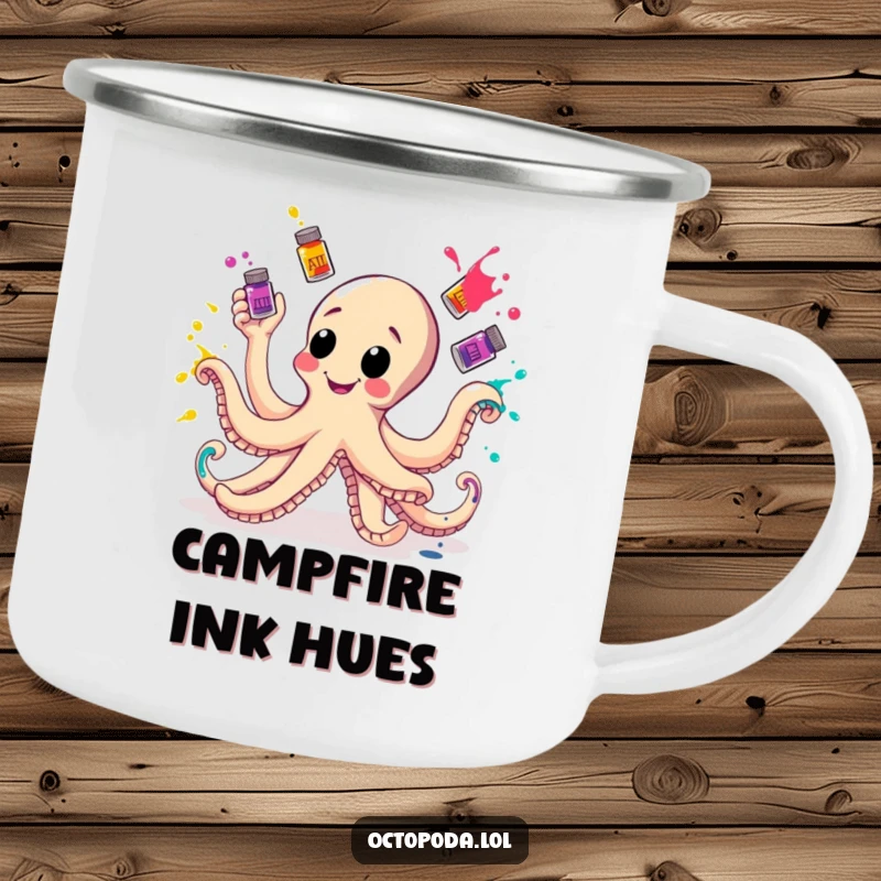Funny Camping Mug featuring a cheerful octopus juggling ink bottles, perfect for artistic souls who love the outdoors.
