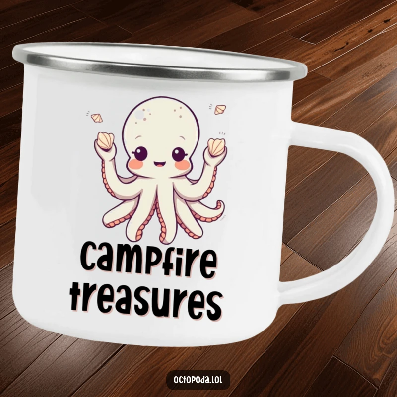 Funny octopus camping mug with a playful octopus character juggling small seashells, perfect for outdoor fun and performances.