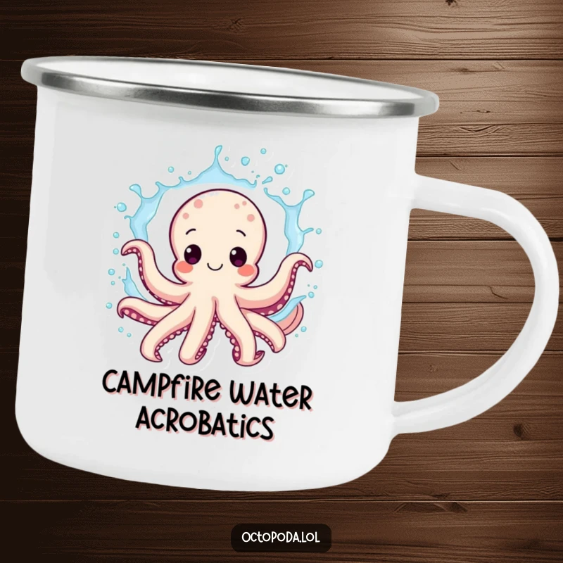 Funny octopus camping mug, a cheerful cephalopod splashing water, durable for outdoor use, bringing humorous vibes to campsites.