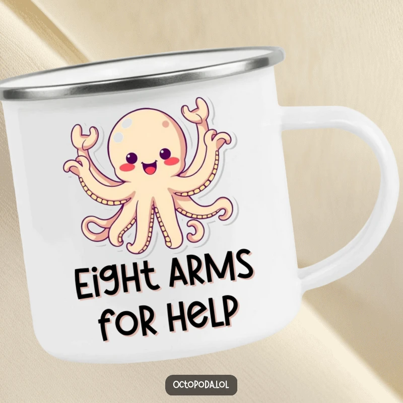 Funny Camping Mug: A kawaii octopus energetically waving all eight arms, a humorous and durable mug for outdoor use.