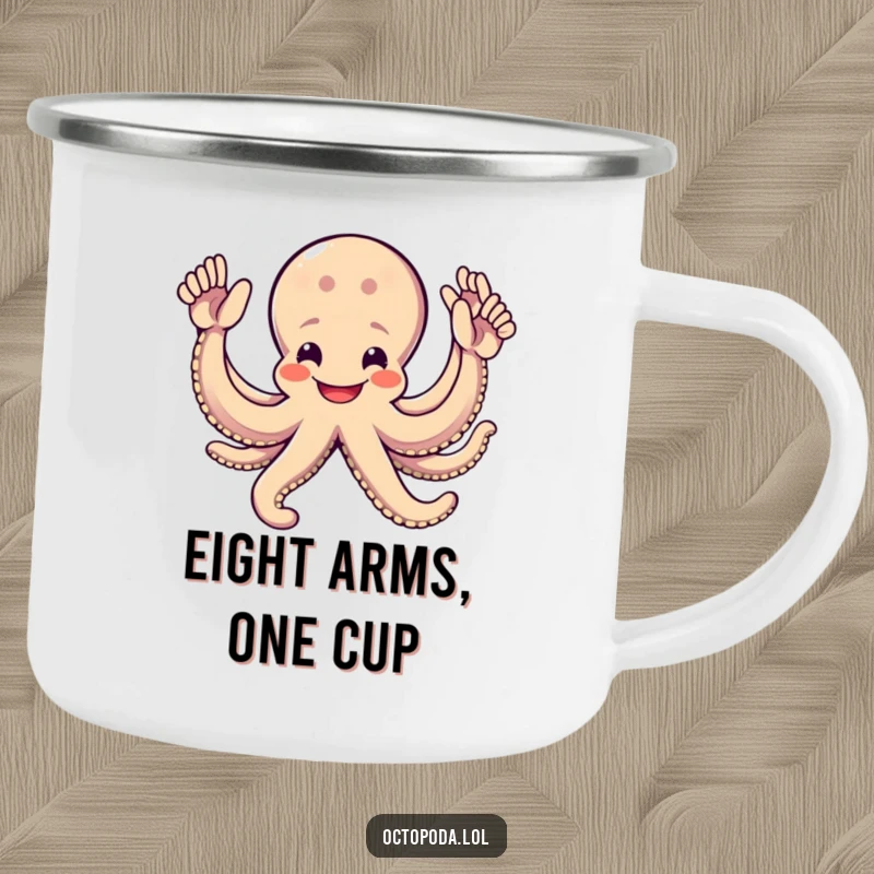 Funny Octopus Camping Mug: A cheerful octopus with eight arms ready for high-fives, perfect for enjoying drinks during outdoor adventures.