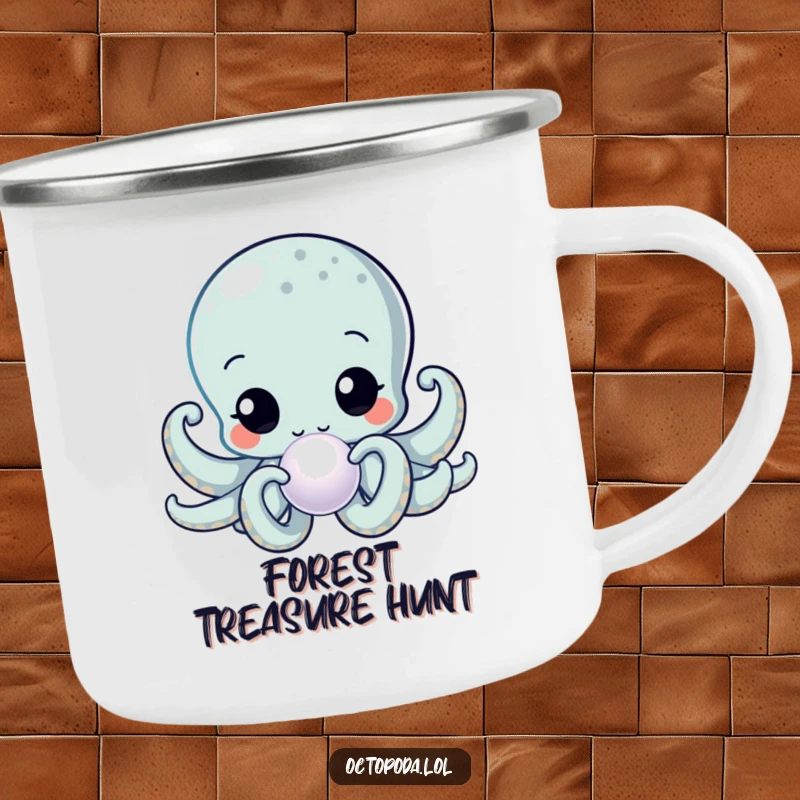 Funny Kawaii Octopus Camping Mug depicting a wide-eyed cephalopod inspecting a shimmering pearl, durable and stylish for outdoor trips.
