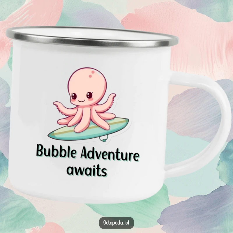 Funny bubble surfing octopus camping mug, featuring an octopus riding a bubble like a surfboard, ready for outdoor fun.