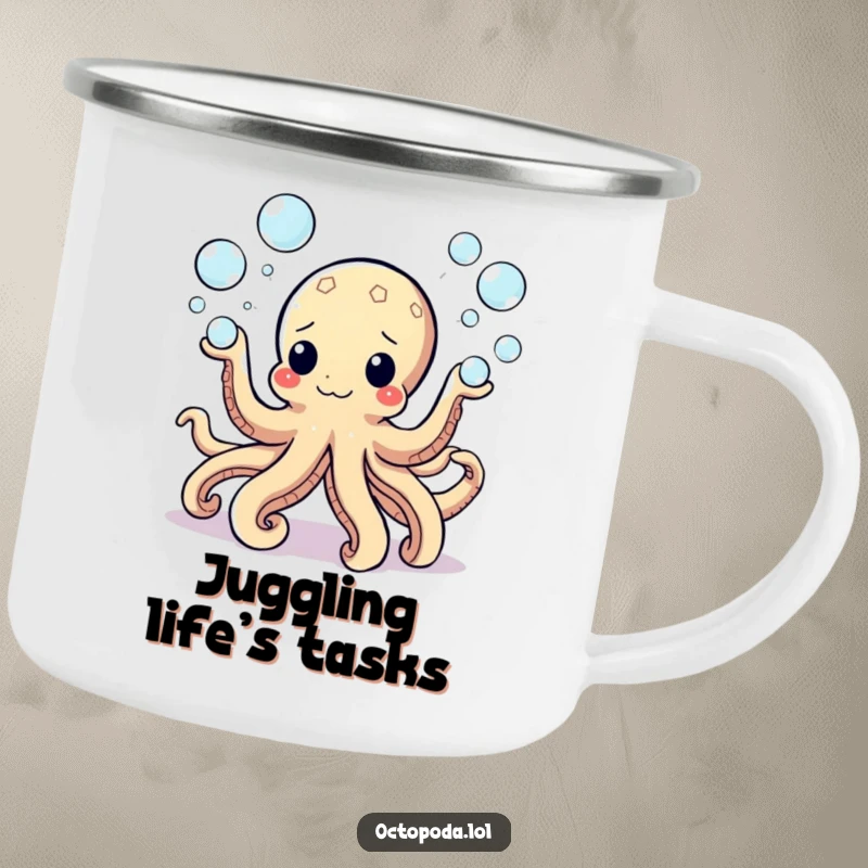 Funny Camping Mug with a bubbly octopus juggling bubbles, perfect for campers and outdoor enthusiasts who appreciate marine-themed humor.