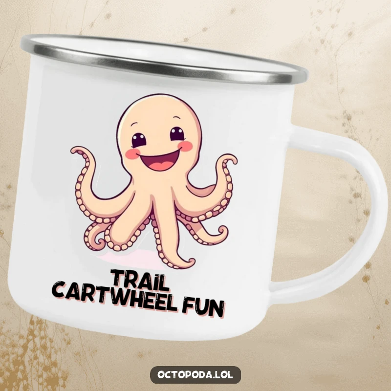 Funny camping mug with a cartwheeling octopus sporting a wide, joyful grin, ideal for outdoor adventures and fun.