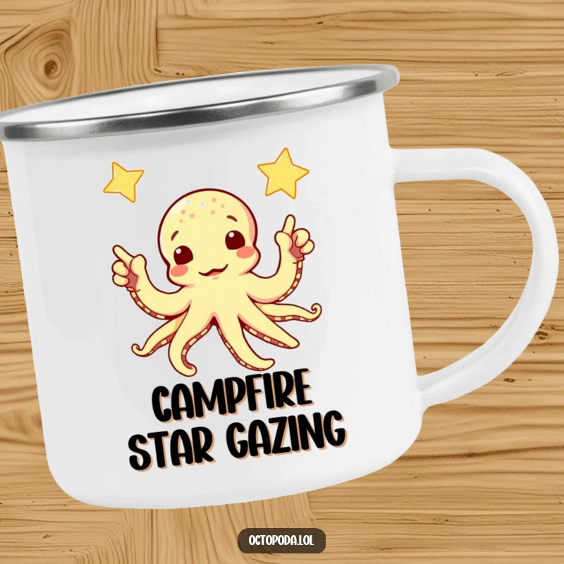 Funny camping mug with a curious octopus pointing towards a twinkling star, ideal for outdoor adventures and stargazing.