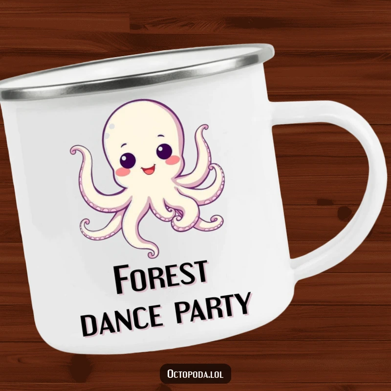 Funny Camping Mug featuring a dancing octopus with googly eyes, perfect for cheerful outdoor enthusiasts.