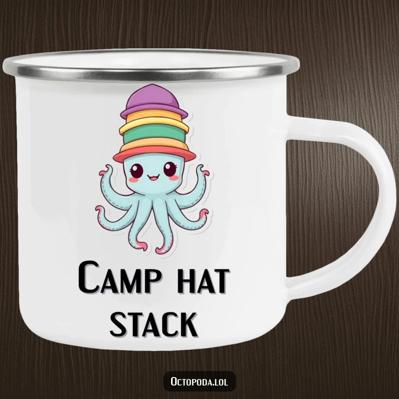 Funny Camping Mug depicting a cheerful octopus character balancing seven colorful hats, perfect for outdoor fun.