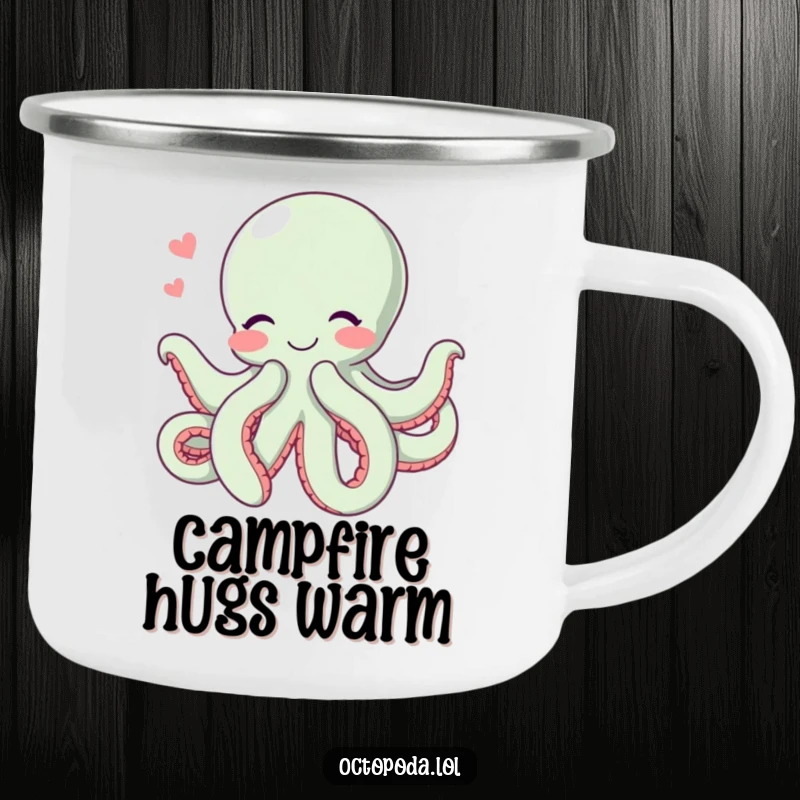 Funny Hugging Octopus Camping Mug: A durable enamel mug featuring a blushing octopus giving a big hug with all its tentacles, perfect for campers.