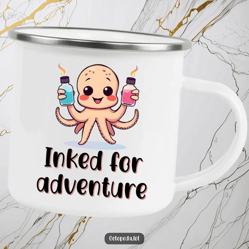 Funny camping mug with a happy octopus juggling ink bottles, perfect for outdoor art sessions and staying inspired.