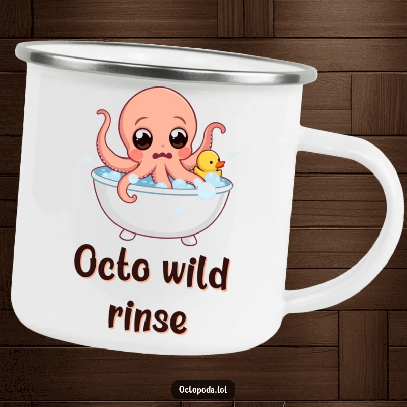 Funny Camping Mug: Surprised octopus leaps from a bubble bath with a rubber duck, perfect for enjoying drinks with a humorous vibe.